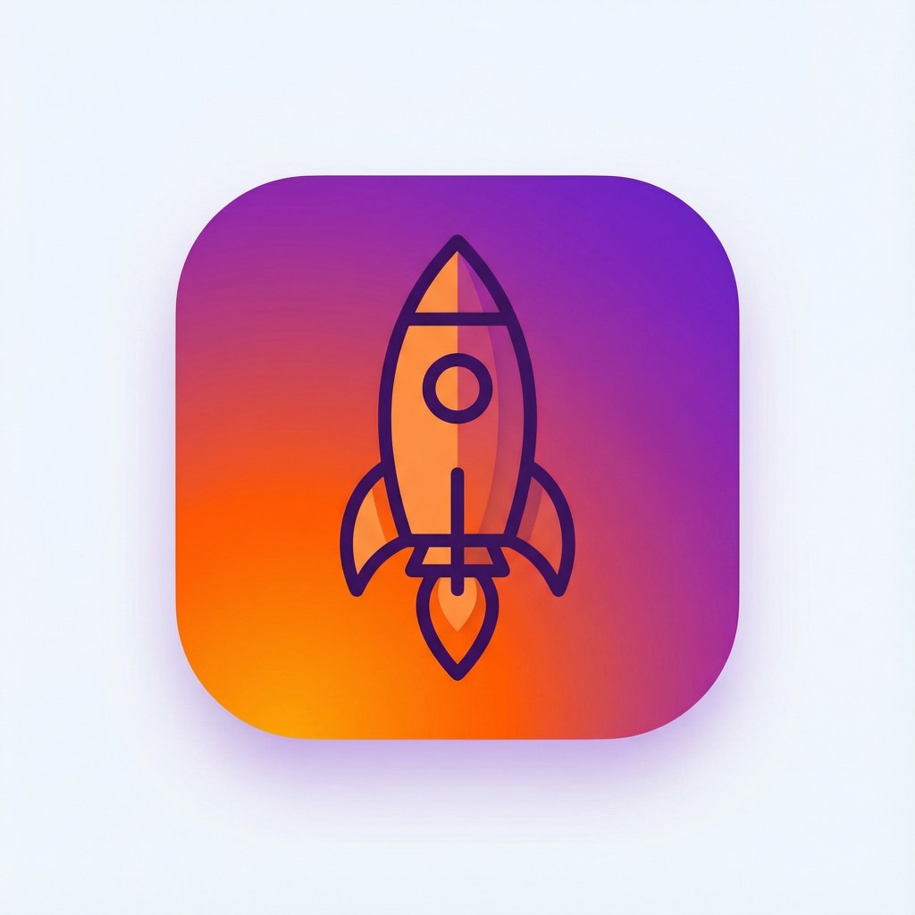 A modern minimalist app icon featuring a stylized rocket ship launching upward, set against a vibrant gradient background transitioning from orange at the bottom to purple at the top.