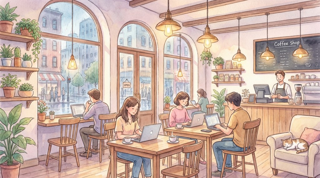 A cozy coffee shop interior illustration featuring warm lighting, wooden tables with patrons using laptops and coffee cups, large windows showing a rainy city street outside, potted plants on shelves, and a barista counter in the background, creating an inviting atmosphere.