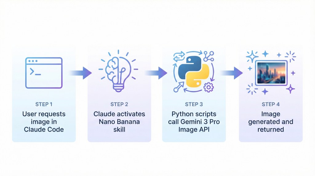 A modern infographic diagram illustrating a four-step horizontal workflow for image generation in Claude Code. Step 1: terminal window icon with 'User requests image in Claude Code.' Step 2: brain icon with 'Claude activates Nano Banana skill.' Step 3: Python logo with API symbols and 'Python scripts call Gemini 3 Pro Image API.' Step 4: sparkle icon with a generated image and 'Image generated and returned.' Clean design with light blue and purple gradient colors on a white background.